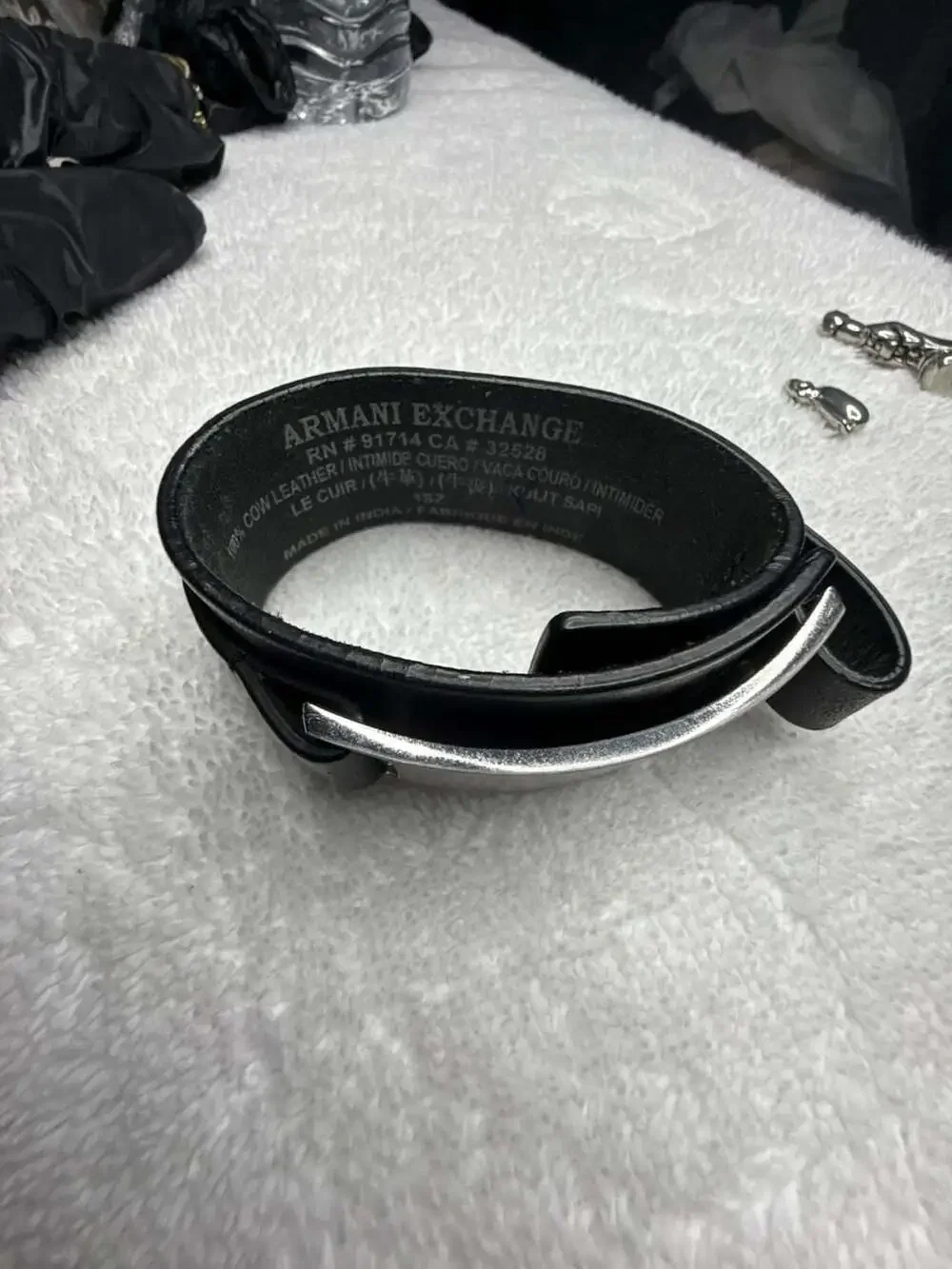 Armani Exchange Black Leather Bracelet with Metal Plate and Button Details
